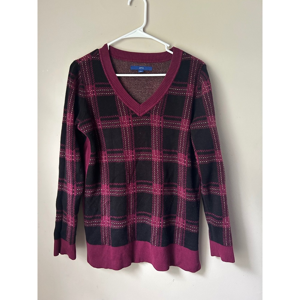 Y2k Apt 9 Womens‎ Plaid V Neck Long Sleeve Pullover Sweater Top Black Burgundy